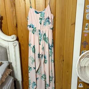Pink Tropical Leaf Print Maxi Dress